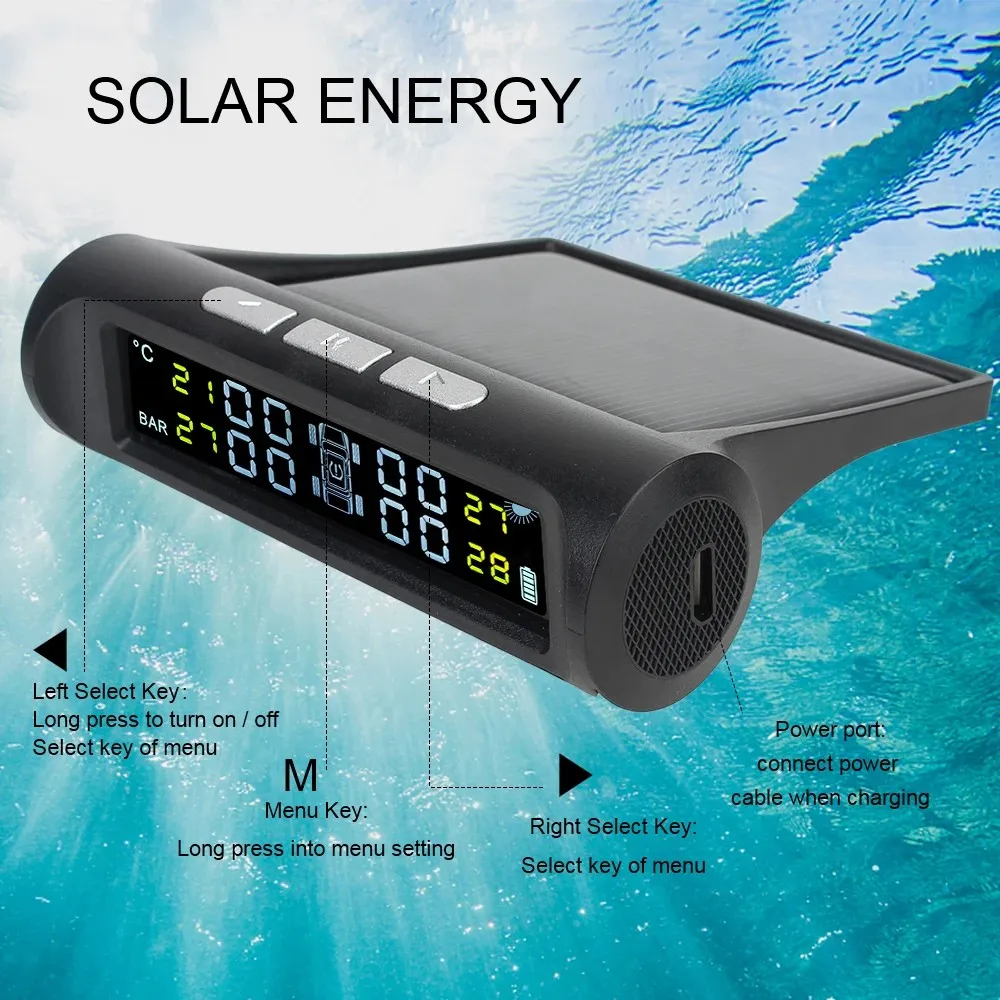 Solar Power TPMS Car Tire Pressure Alarm Monitor System Auto Security Alarm Systems Tyre Pressure Temperature Warning