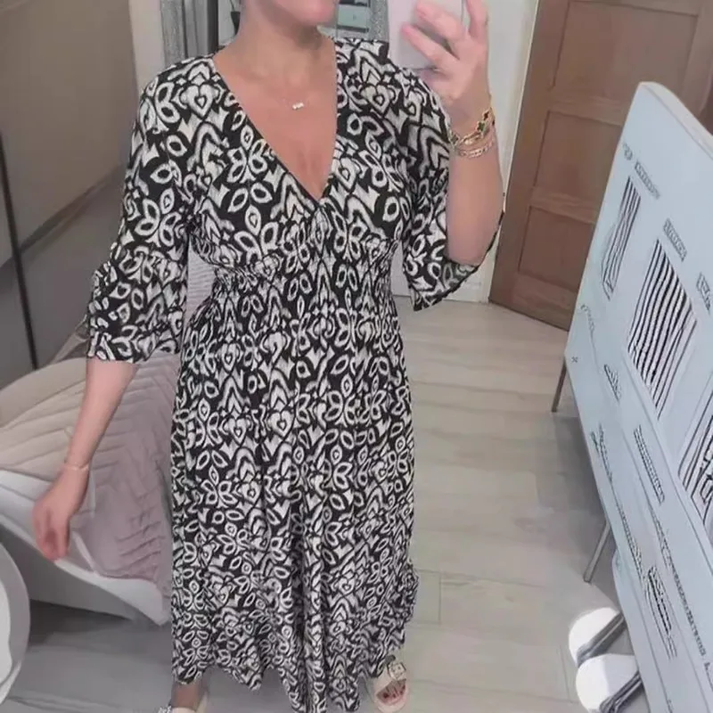 Women's Summer Dress V-neck Seaside Resort Beach Print Loose Dress