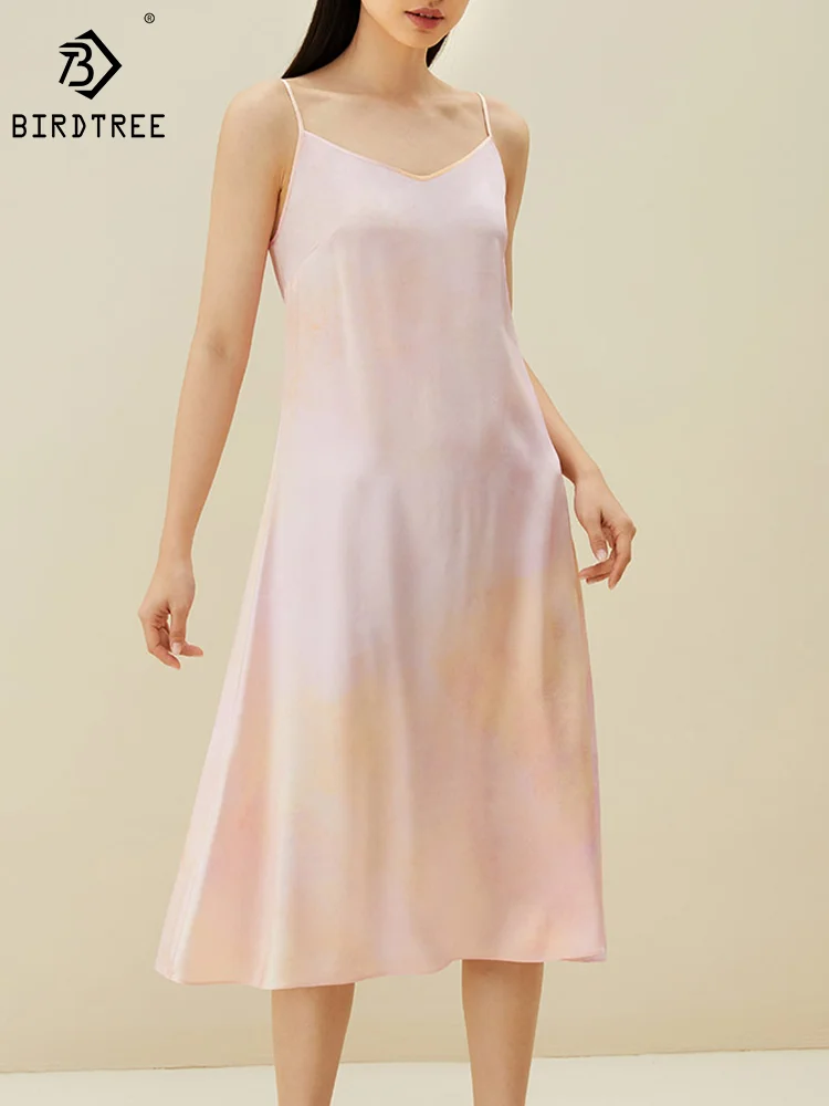 

BirdTree 19MM 90% Mulberry Silk Nightgown for Women, Spaghetti Strap Tie Dye, Elegant Fashion Pajama Dress, 2024 Spring P41895QM