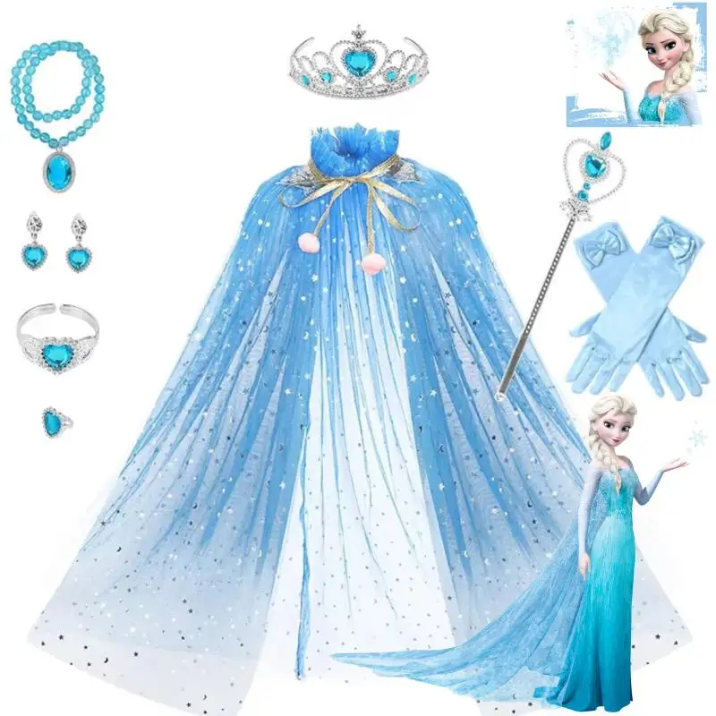 

Frozen Elsa Ice Queen Costume Set for Kids Girls - Blue Tulle Cloak Crown Wand Jewelry Gloves Halloween Cosplay Festival Outfit