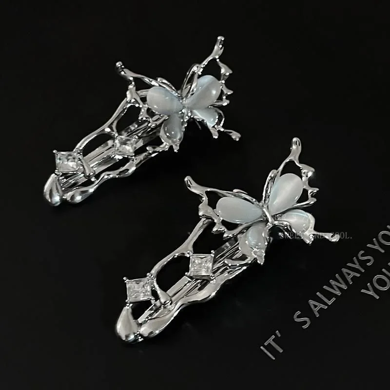 Liquid Metal Cat's Eye Butterfly Zircon Hairpin Headdress Trendy Design Girl Fashion Silver Bang Clip for Women Hair Accessories