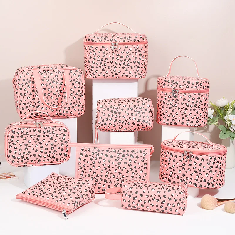 Leopard Print Makeup Bag Set Travel Cosmetic Bag PU Leather Zipper Pouch Waterproof Cosmetic Storage Bag