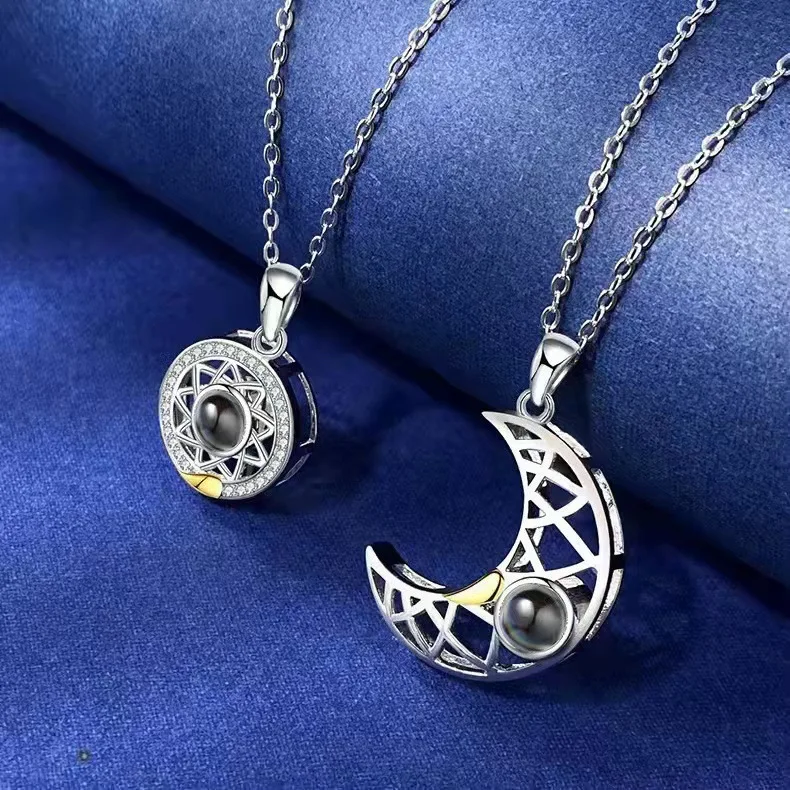 Romantic Valentine's Day Gifts Sun and Moon Custom Photo Projection Necklace with Picture Inside Couple Anniversary Jewelry