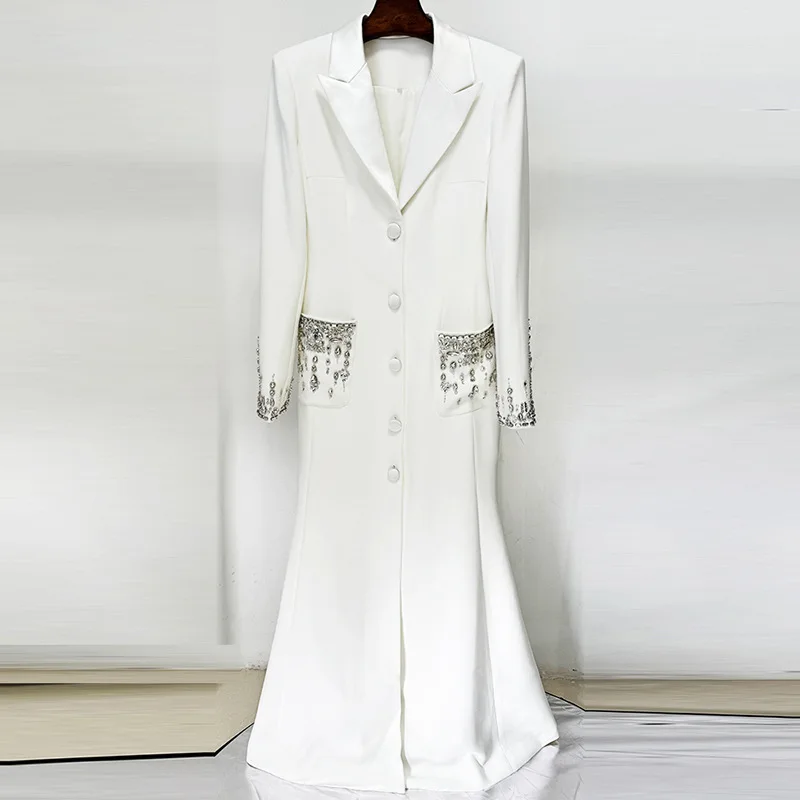 HKSH Autunno Nuovo Abito da Donna Abito con Borchie Diamanti In Rilievo Paillettes Colletto Dentellato di Lusso Chic Partito Lungo Giacca Sportiva Abiti HK15064