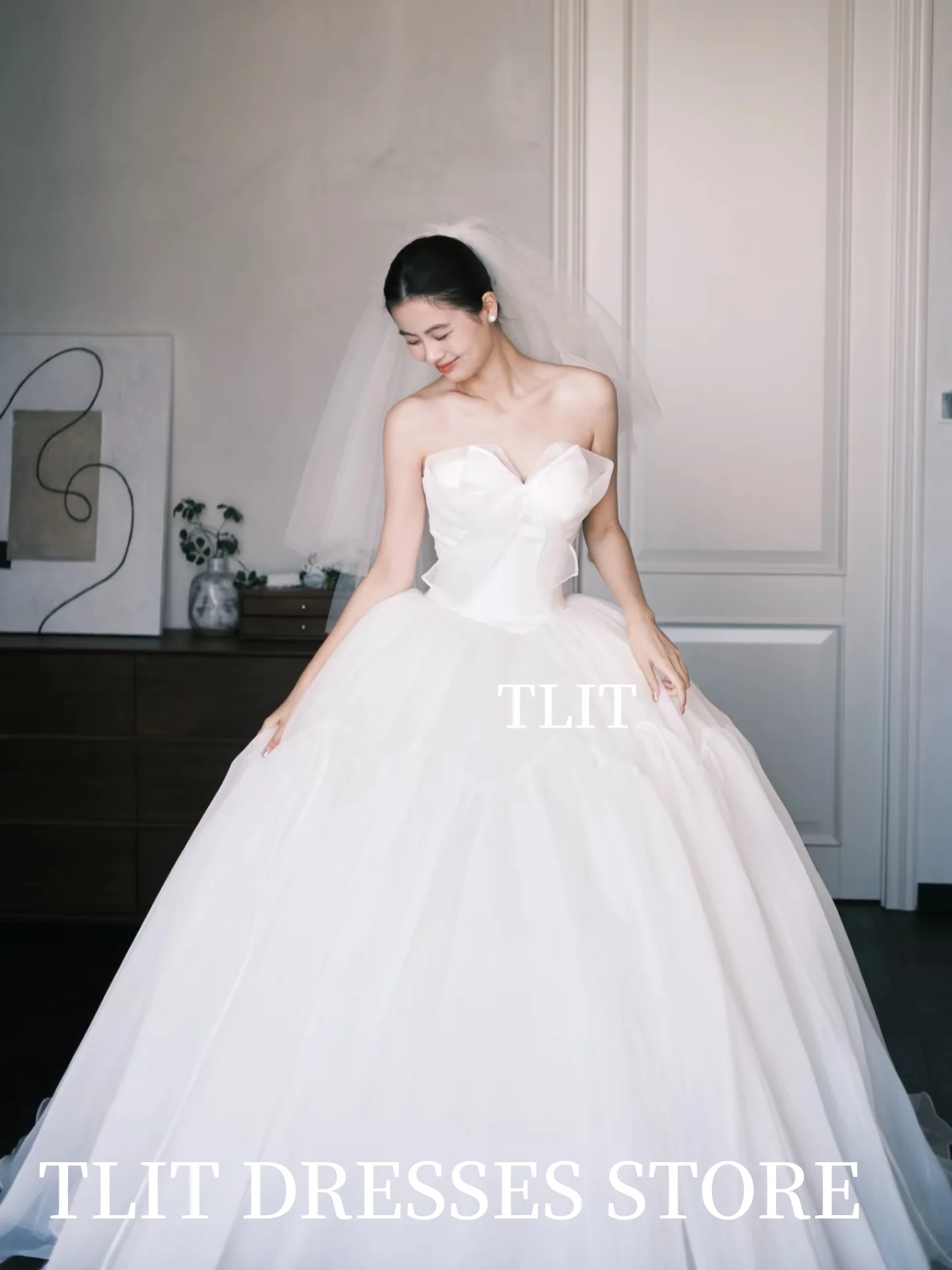 TLIT فساتين زفاف أنيقة من الأورجانزا العاجية فساتين زفاف كورية لالتقاط الصور بدون حمالات بفيونكة كبيرة فستان زفاف مخصص #2