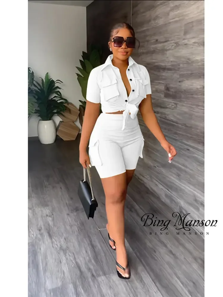 

New Set Short Set Women's Summer 2023 Sexy Y2k Solid Two Piece Set Lace Up Shirt Shorts Streetwear Sweatpants Women Eam