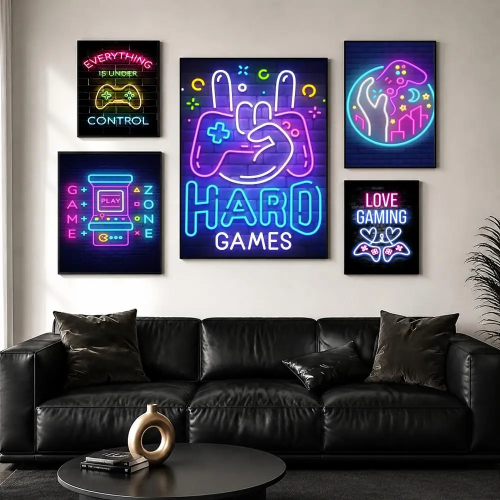 Neon Gamepad Game Zone Painting Calligraphy Wall Art Canvas Poster Premium Home Decor Print for Living Room Bedroom