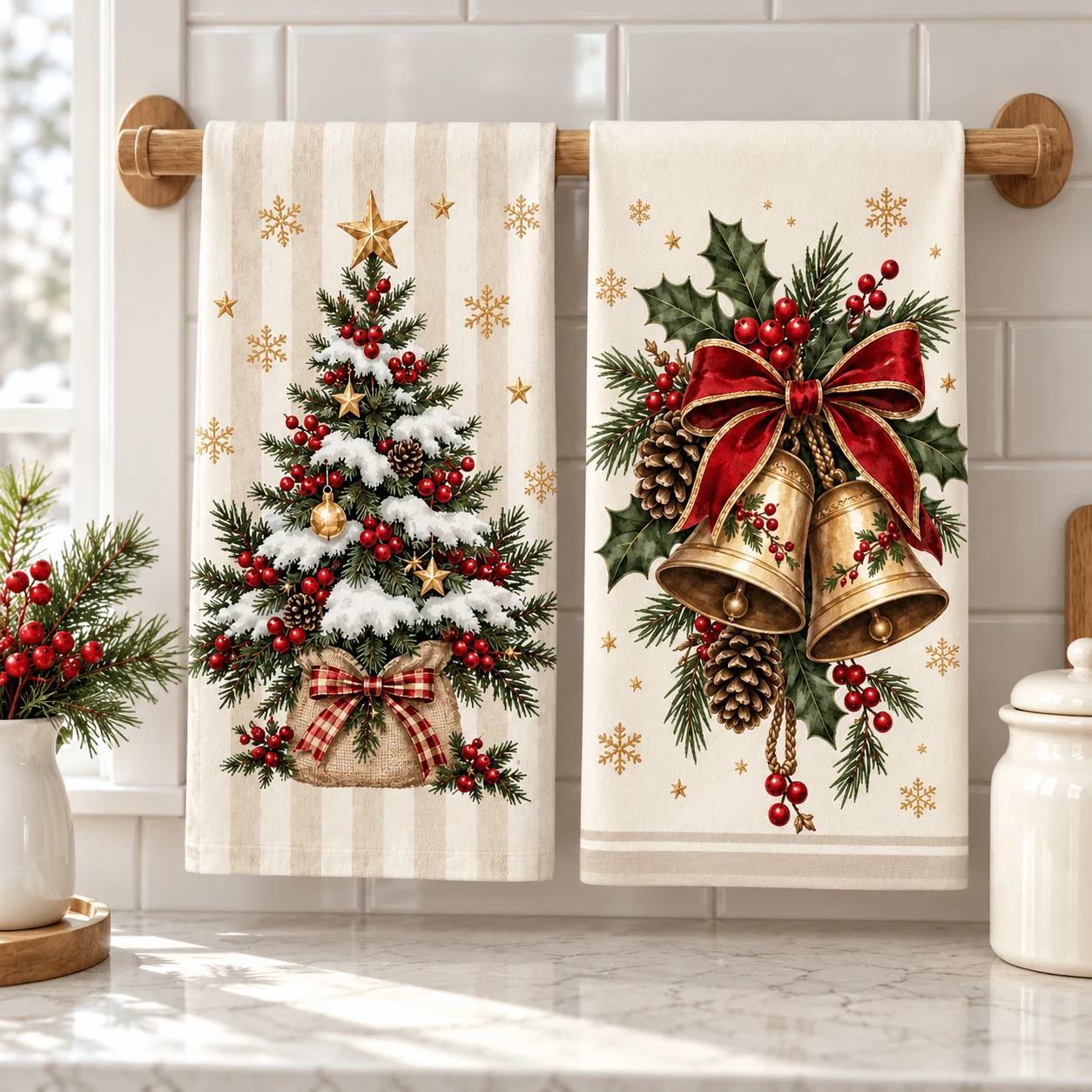 2-pack polyester keukendoeken kerstboom gouden bel kerstkeukendoeken gestreepte boerderijstijl theedoeken dennenappel kersttheedoeken