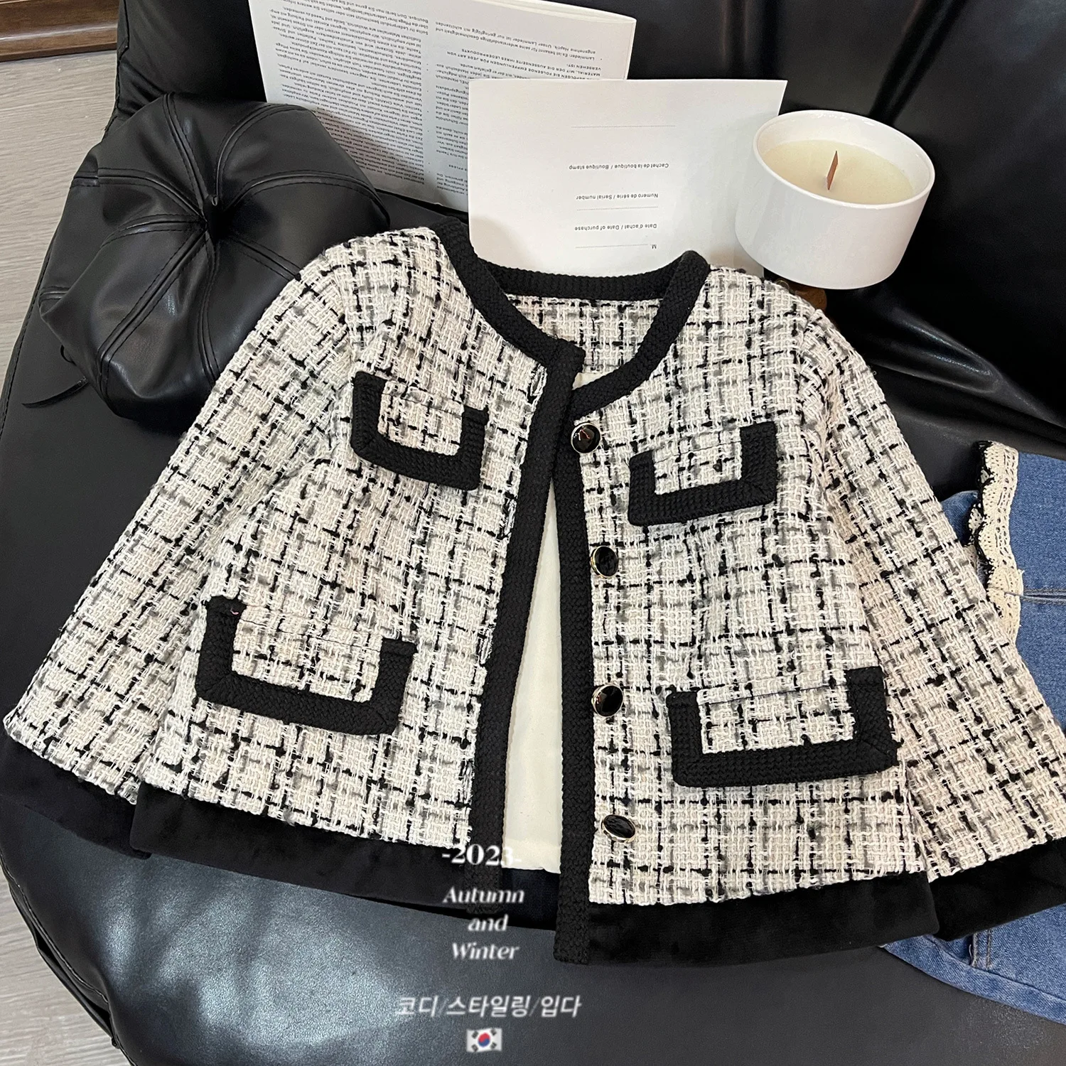 

‌2025 Autumn Korean Style Girls Tweed Jacket Plaid Coat Fashionable Outerwear for Toddler Kids 2-8 Years Cute Schoolwear Gift
