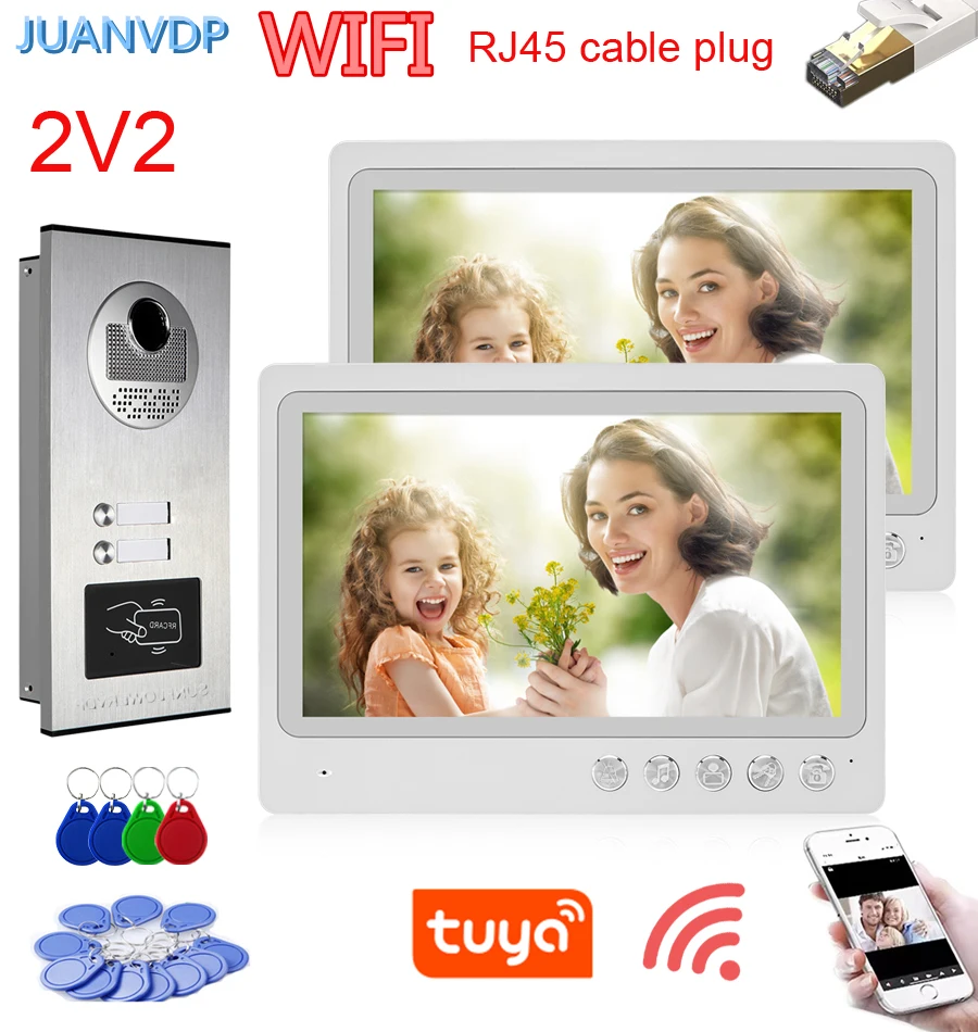 

RJ45 Cable Plug 2 Unit Multi Wifi Video Doorbell System, Rfid Card Unlock Doorphone Door Camera, 9” Video Intercom Tuya App