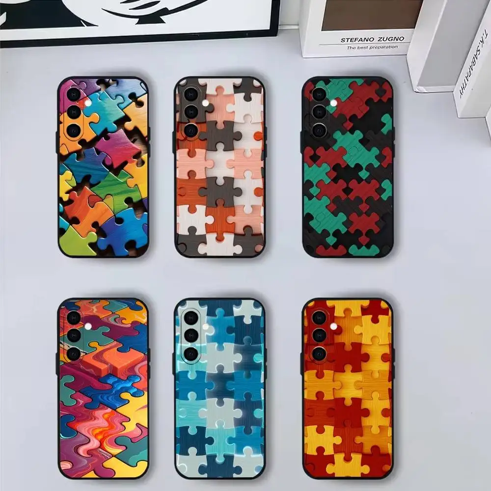 حافظة هاتف I-غير منتظمة على شكل لغز لهاتف سامسونج جالاكسي A73، A72، A71، A70، A53، A52، A51، غطاء أسود ناعم آخر