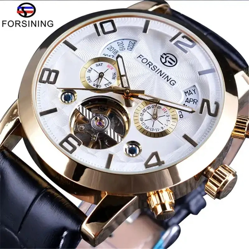 Forsining 165A Calendar Leather Men Mechanical Automatic Wrist Watches Military Sport Male Tourbillion Multi Function Clock