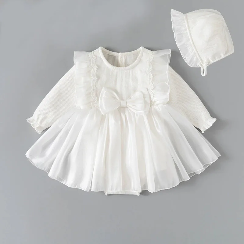 2PCS Spring Autumn Newborn Girls Clothes Korean Cute Bow Mesh Long Sleeve Princess Baby Dresses+Hat Toddler Birthday Dress B044