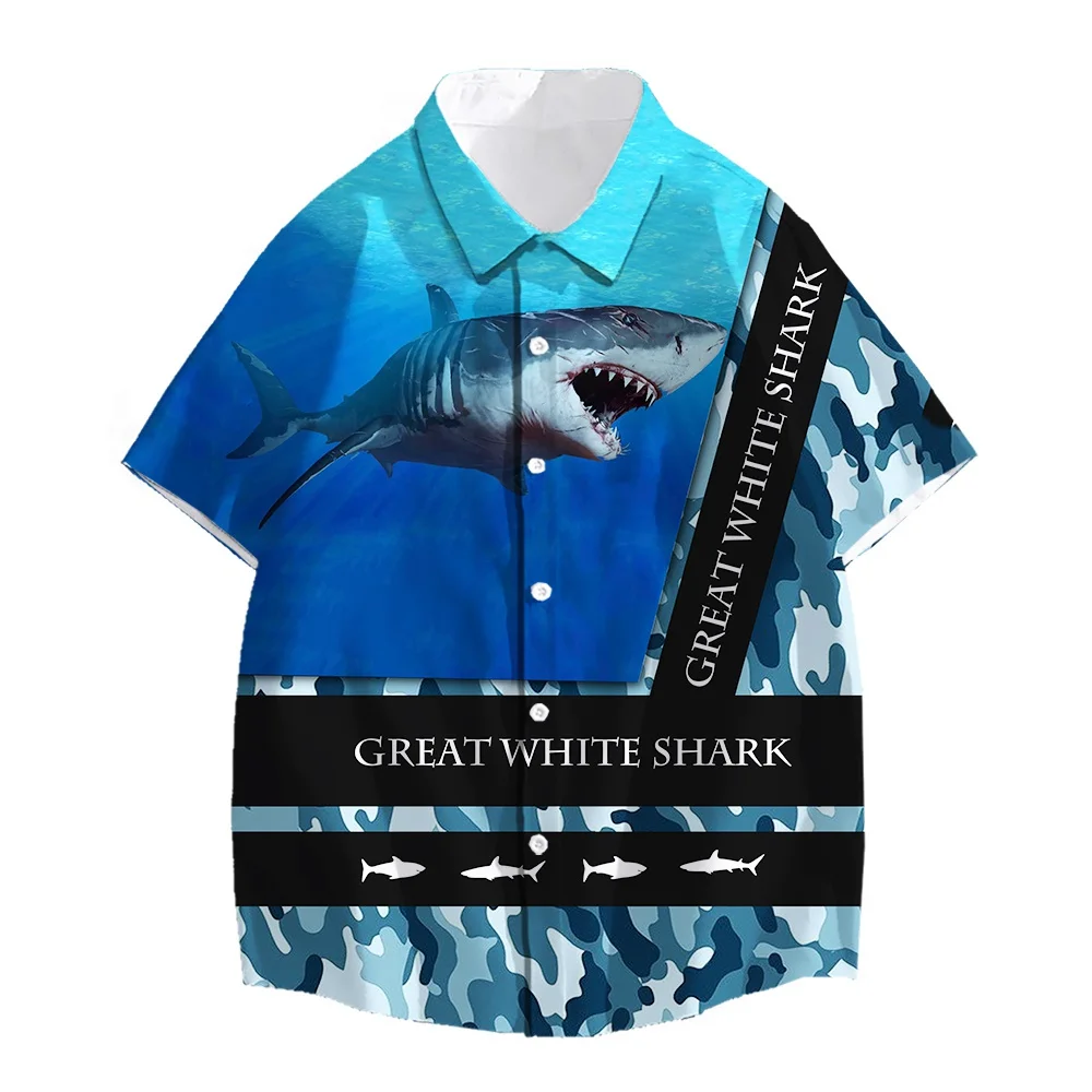 SONSPEE Summer New Great White Shark 3D Print Shirt Men Women's Fitness Street Oversized Clothing Short Sleeve Hawaii Blouses