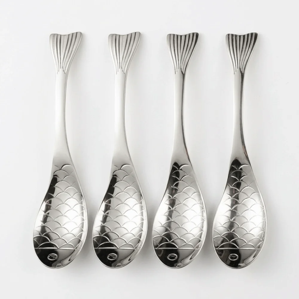 4Pcs Thickened Creative Spoon Exquisite Carp Pattern Tableware Spoon One‑piece Rustless Steel Dessert Spoon Table Decoration