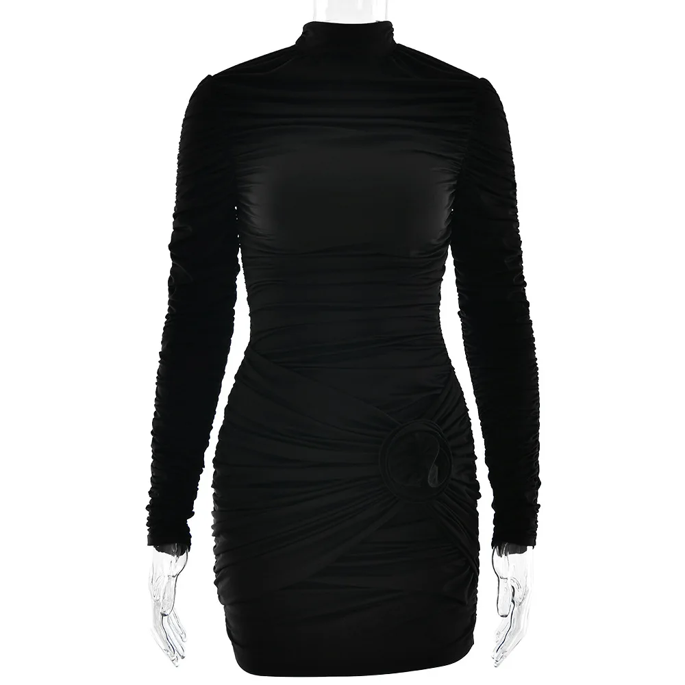 Autumn New Pleated Mini Dress Women Sexy Long Sleeve High Neck Bodycon Dress Female Fashion 3D Flower Slim Short Party Dresses
