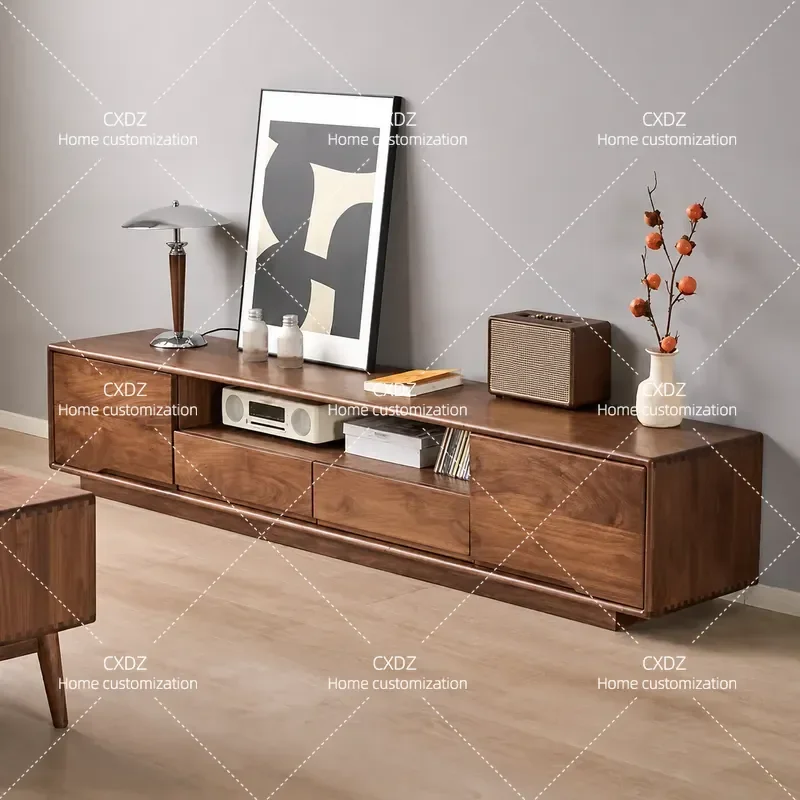 Nordic American Style Walnut TV Cabinet Solid Wood Floor Storage Unit for Small Apartment Living Room Modern Simple