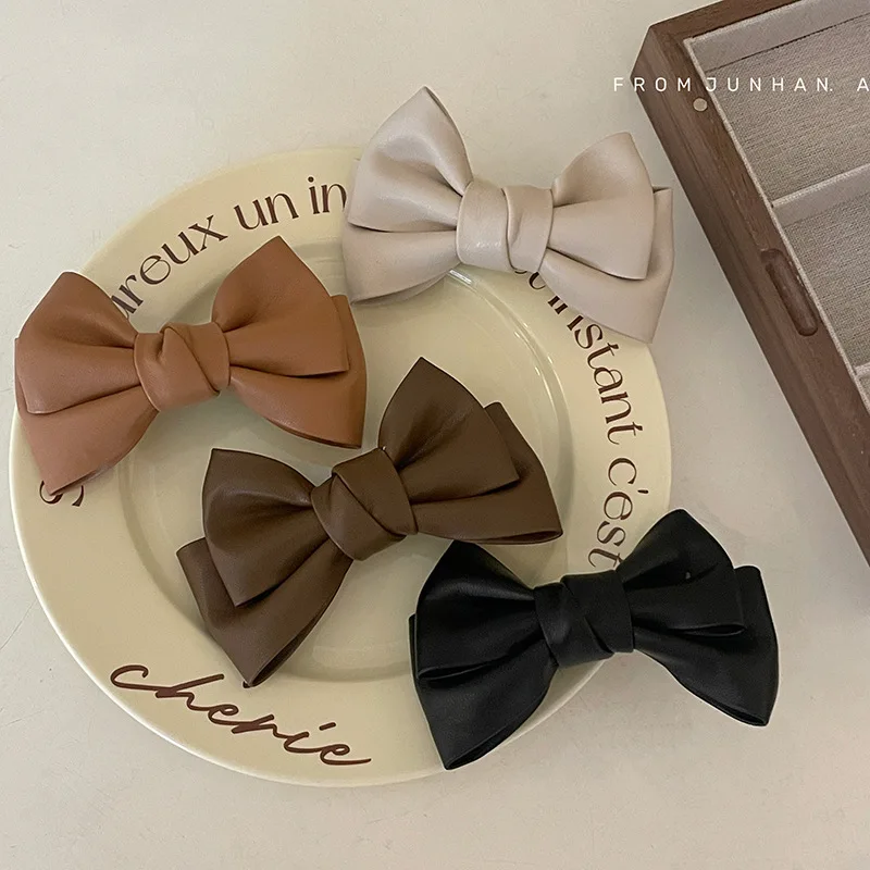 Coffee Color PU Leather Bow Hair Accessories Coffee Color Duckbill Barrettes Elegance Retro Leather hair clip  Headwear