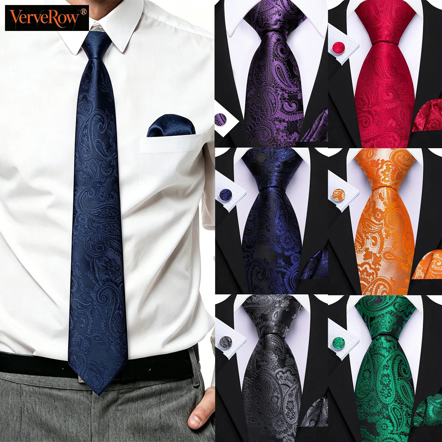 Vintage Glossy Jacquard Paisley Men Tie Set Floral Paisley Necktie Pocket Square Cufflinks Formal Business Wedding Groom Office