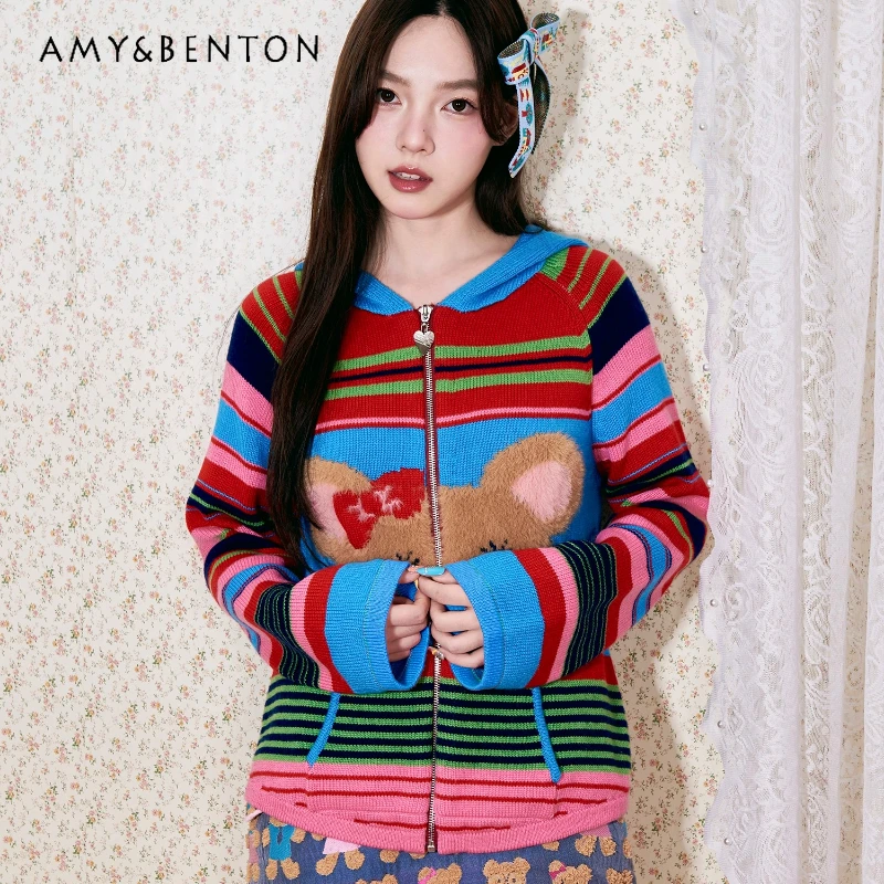 

Осенний новый красочный полосатый женский вязаный свитер с животным принтом в стиле ретро, милый универсальный кардиган с капюшоном и длинными рукавами для девочек
