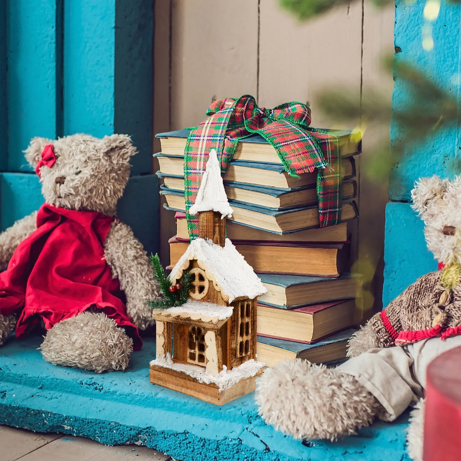 

1 pc Wooden Cabin Night Light Christmas Decor Xmas Ornament Wood House Adornment For Home Bedroom Hotel Family Gift 3D Wooden