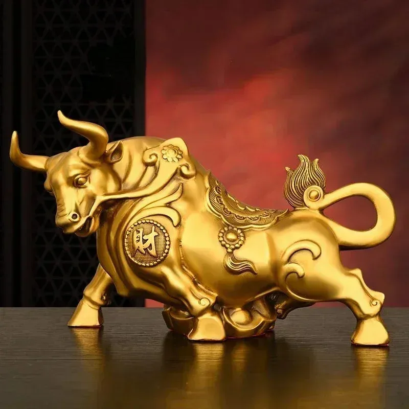 Feng Shui Fortune Cow Ornament, Wealth Inviting Bull Statue, Home Office Desk Decor Sculpture, Stock Market Theme Gift