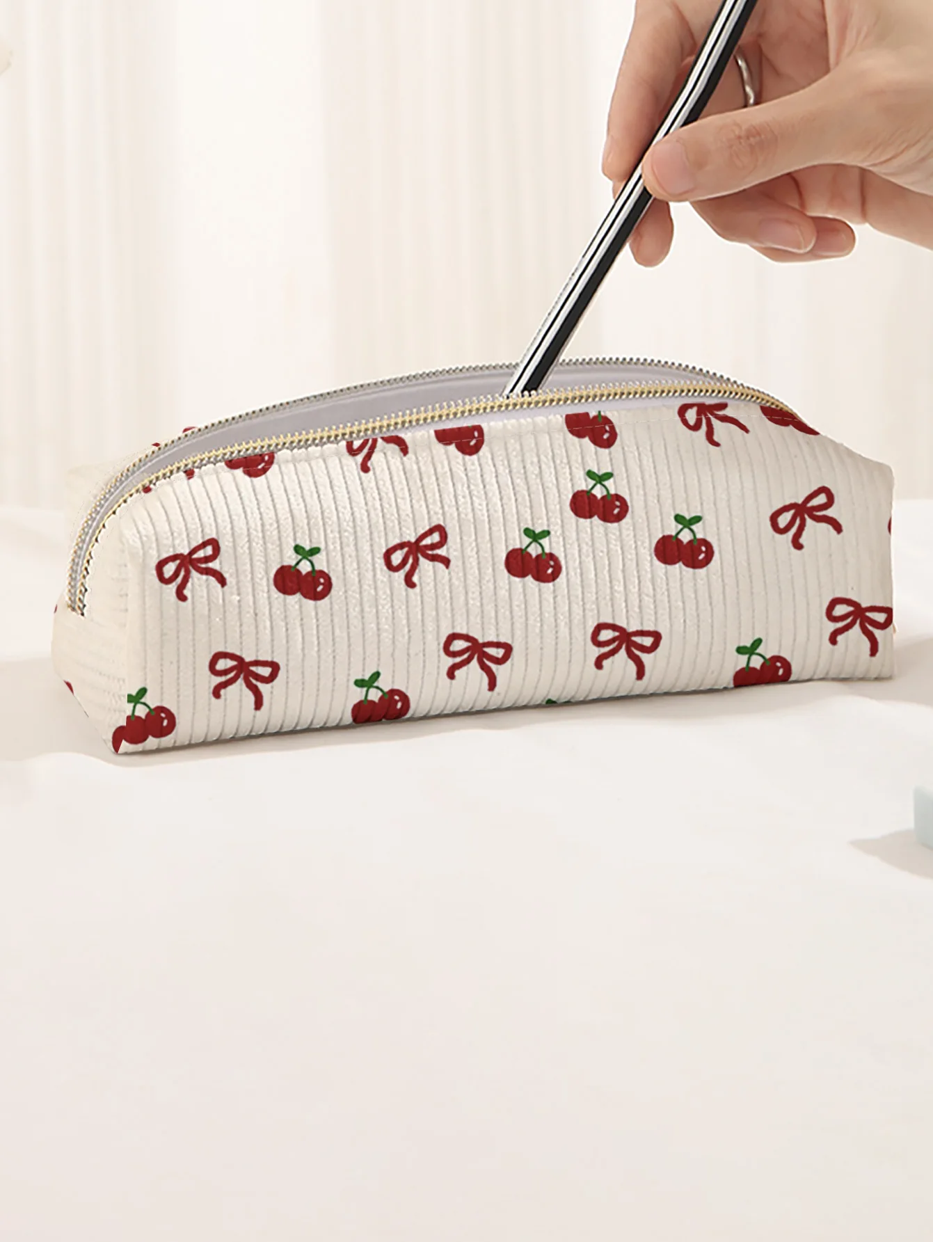 Cherry Bow Print 3 Pieces Pencil Case Set, Corduroy Zipper Stationery Pouches For Student Pens And Small Daily Supplies