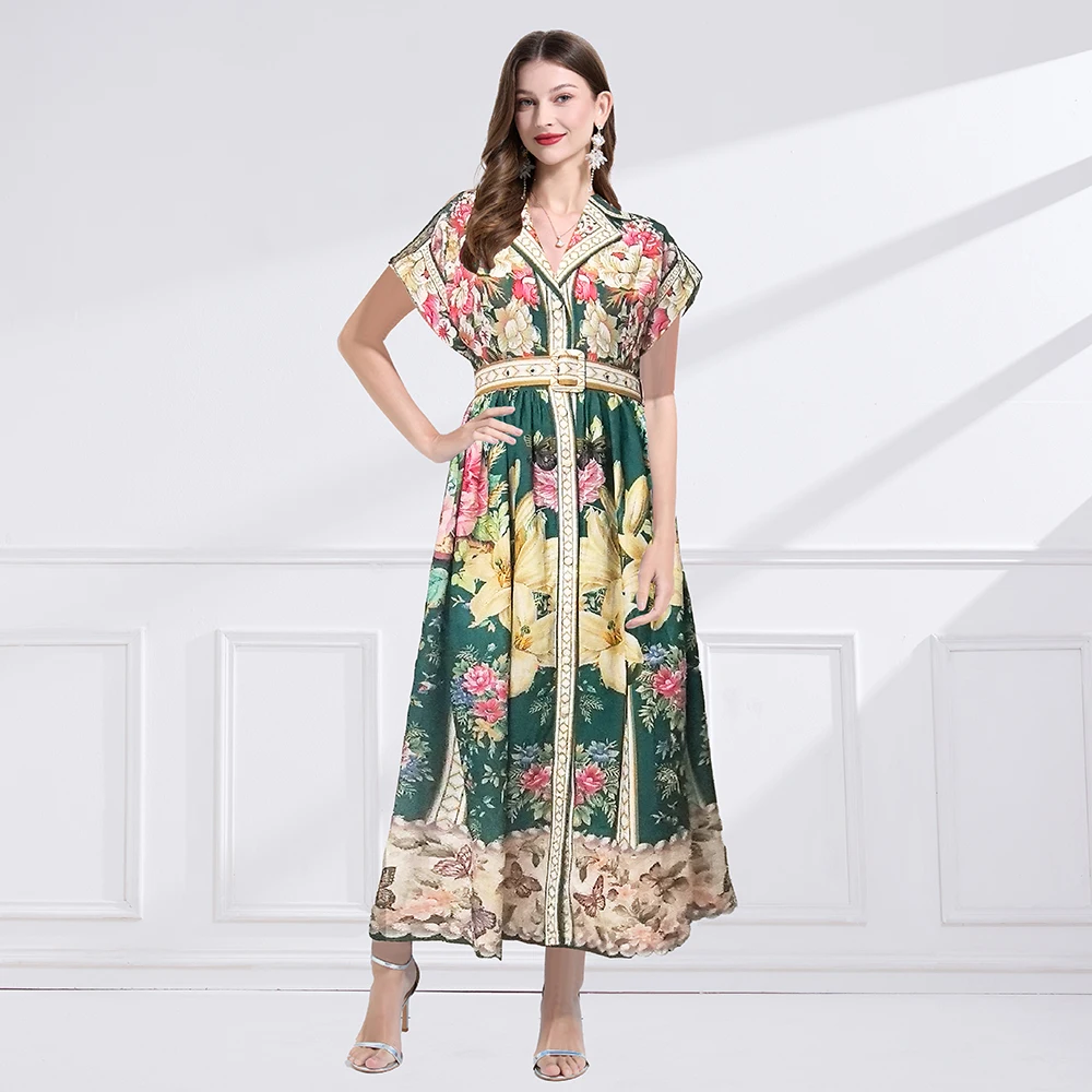 

Summer Holiday Runway Long Dress For Women's V-Neck Short Sleeve Single Breasted High Waist Belt Floral Print Party Vestidos