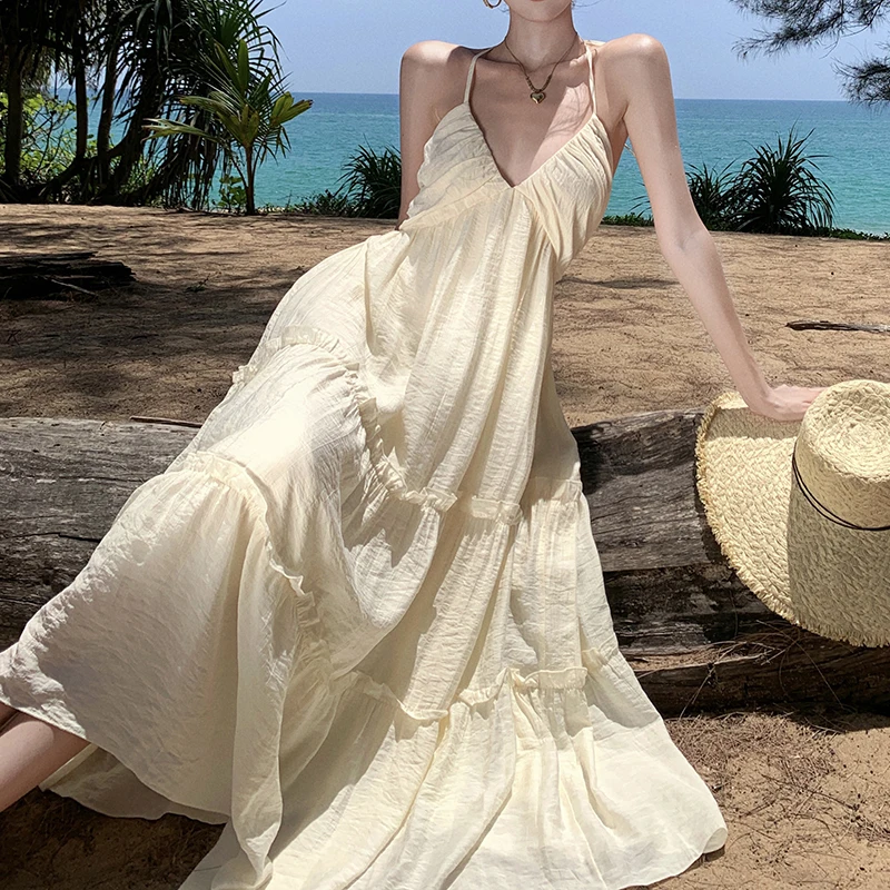 

Women's Backless Beach Dress Halter Neck Ruffle Plunging V Spaghetti Straps Maxi Summer Dresses Sleeveless Chiffon Dress Trendy