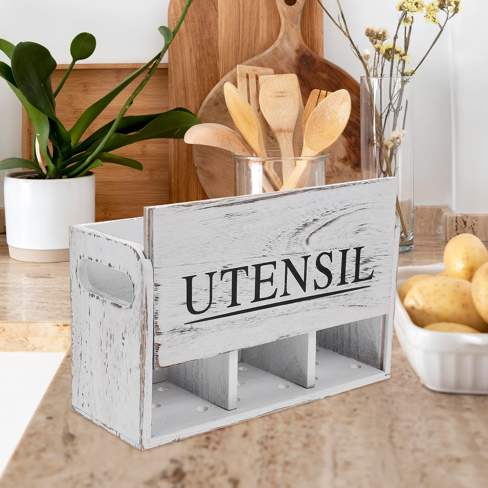 

Wooden Kitchen Utensil Holder Large Rustic Organizer Countertop Fork Spoon Cutlery Storage Cooking Utensils Holder for Party