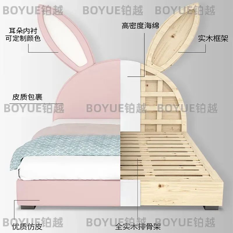 Pink Princess Single Bed for Girls with Cute Rabbit Ears Design Eco Friendly Children Bedroom Furniture Soft Pastel Style
