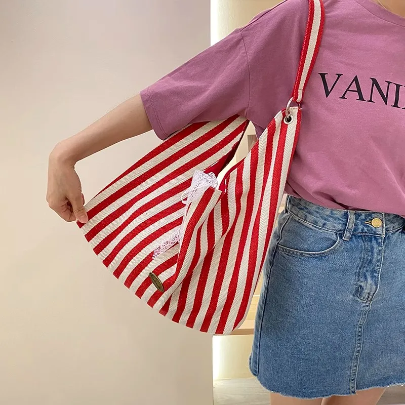 

Trendy Stripe Canvas Tote Bag Large Capaci Briti Sle op Bag for Class Student Ideal Summer 2025 Faion Bag