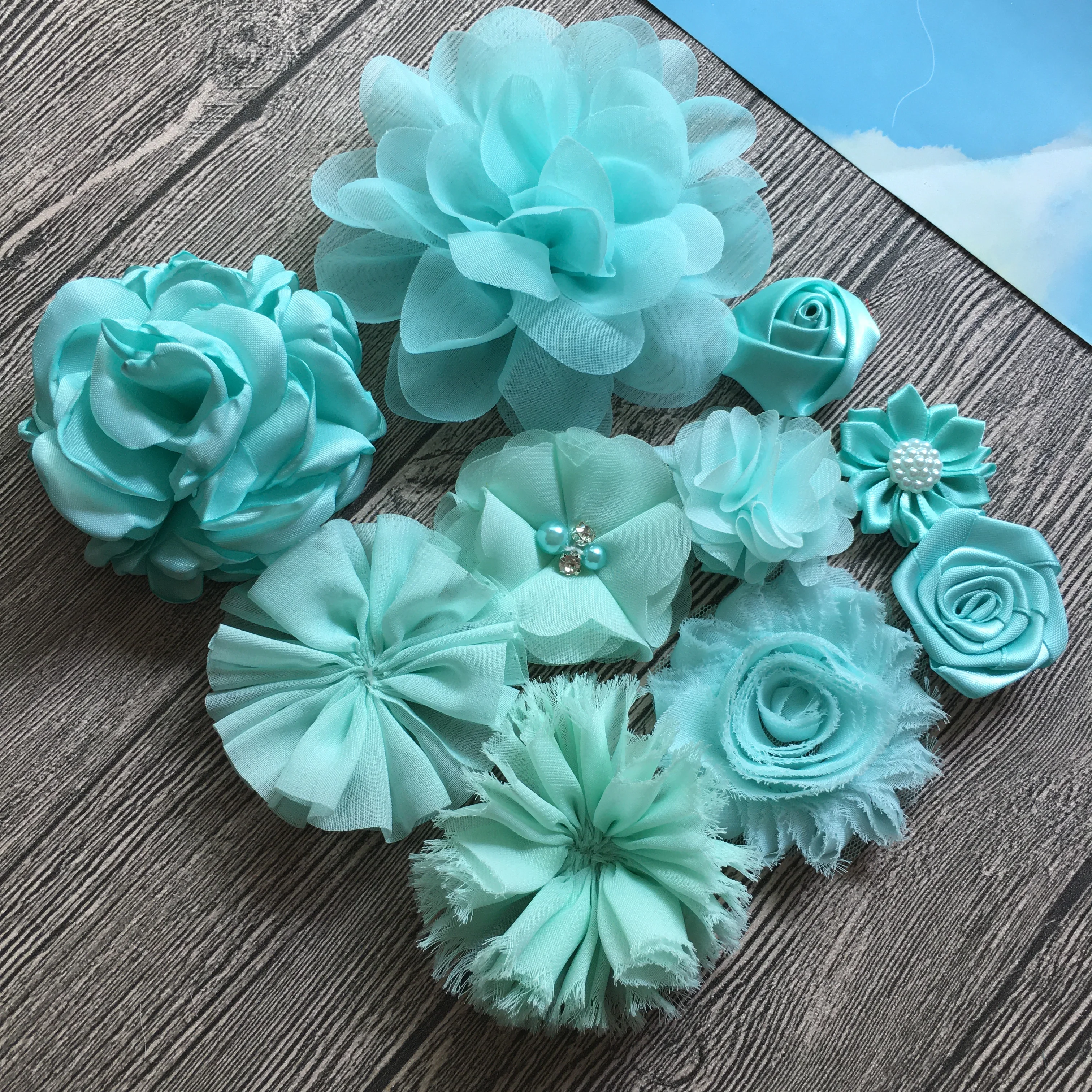 

10Pcs/Lot Mint Color Handmade Fabric Flower Head Flat Back Sweet Rosette For Baby Accessiries Home Shoe Brooch Decoration