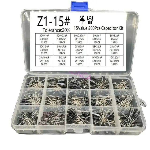 200 sztuk/partia zestaw kondensatorów promieniowych 15 wartości 10V 16V 25V 50V 0.1uF-220uF zestaw asortymentowy kondensatorów elektrolitycznych 0.22uf 2.2uf 100uf