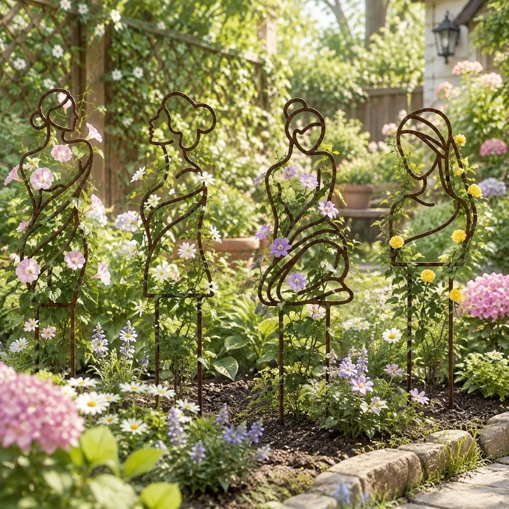 Iron Character Silhouette Plant Stand Hollow Out Weather Resistance Plant Climbing Trellis Strong Load Bearing Plant Fixed Frame