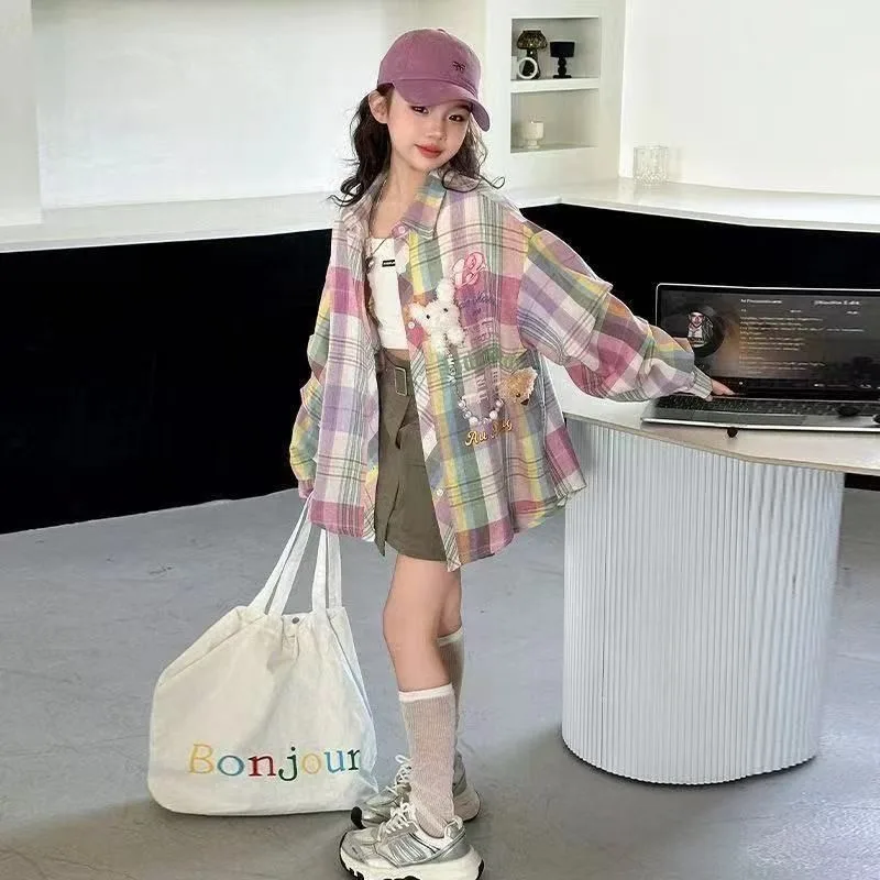 Plaid Shirt for Tween Girls 2026 Spring Casual Floral Print Long Sleeve Outerwear Children's Garment Trendy