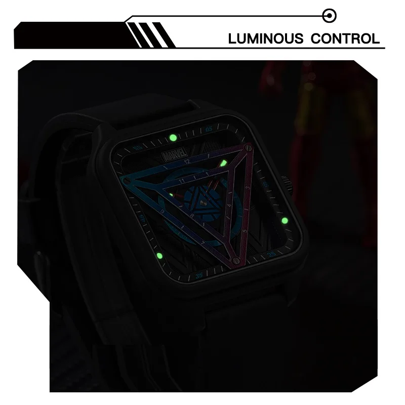 Marvel For Mens Watch Iron Man Rectangle Quartz Wristwatch Avengers Arc Reactor Dial Male Casual Clock Coated Glass Montre Homme