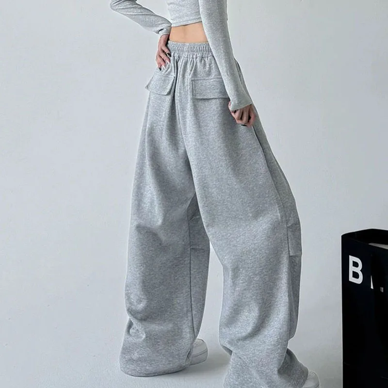 2025 New Woman Drawstring Casual Joggers Trousers Harajuku Wide Leg Sweatpants Women Streetwear Baggy Oversize Gray Sports Pants