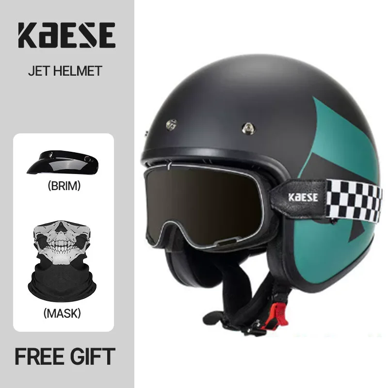Matte Paint Green Peach 3/4 Open Face Motorcycle Helmet ABS With Large Frame Goggles Retro Adult Men Women Casco Moto