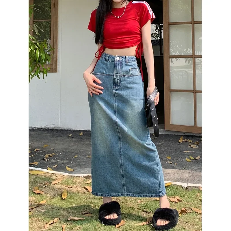 

Denim Skirt Women Streetwear Long Skirts Stretch High Waist Slim Fit Y2k Button Washed Distressed Female 2025 Vintage A Line