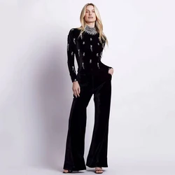 Women Bandage Jumpsuits 2025 New Fashion Beading Wide Leg Pants Long Sleeve Clothes Party Elegant Jumpsuits