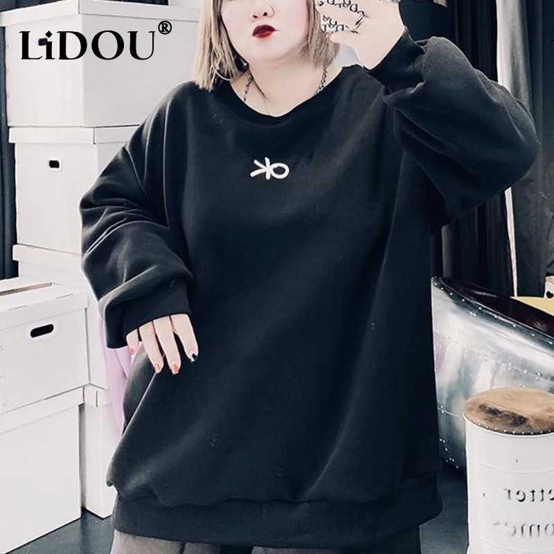 Fall 2023 New Fashion Kawaii Loose Streetwear Chic Sweatshirt Capless Plus Size Solid Color Long Sleeve Top Women Clothing