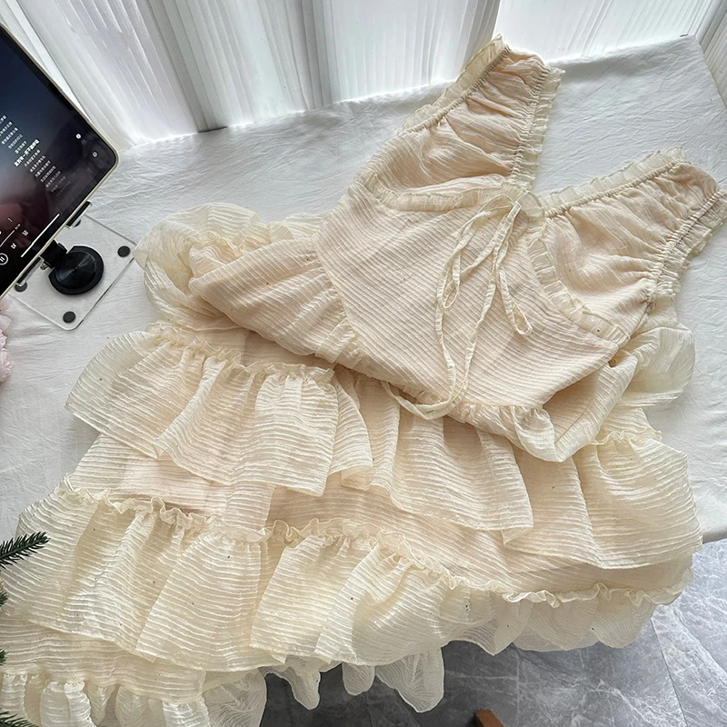 Vestido largo con cordones y cuello en V para mujer, novedad de verano 2021, vestido veraniego escalonado sin mangas, moda coreana elegante, vestidos largos con lentejuelas pesadas