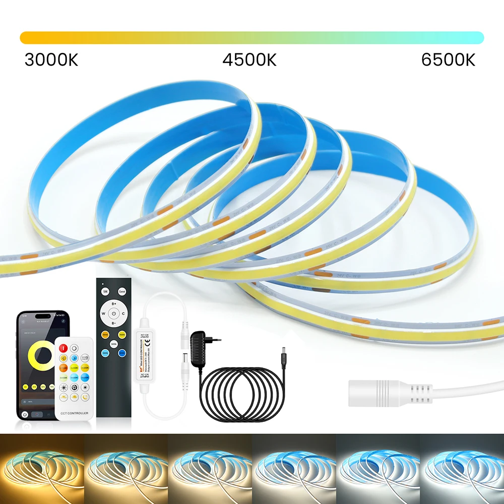 576 LEDs CCT COB LED Strip Light 2700K 3500K 4000K 4500K 5000K 6000K 24V Bluetooth APP 17Key/12Key RF Remote Control  Power Kit