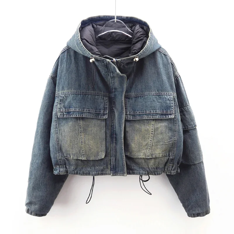 Winter Women Hooded Down Cotton Liner Denim Jacket Casual Cowboy Outerwear Loose Short Big Pocket Zipper Jeans Jackets Female