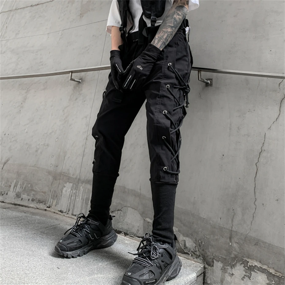 Mannen Y2K Cargo Broek Trekkoord Techwear Ninja Jogger Broek Zwart Mode Streetwear Harembroek Punk Joggingbroek Broek