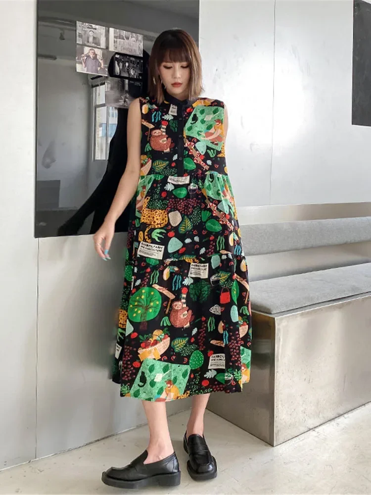 XITAO Print Pattern Dress Pleated Goddess Fan Casual Style Sleeveless 2024 Summer Minority Elegant Pleated Dress WMD7044