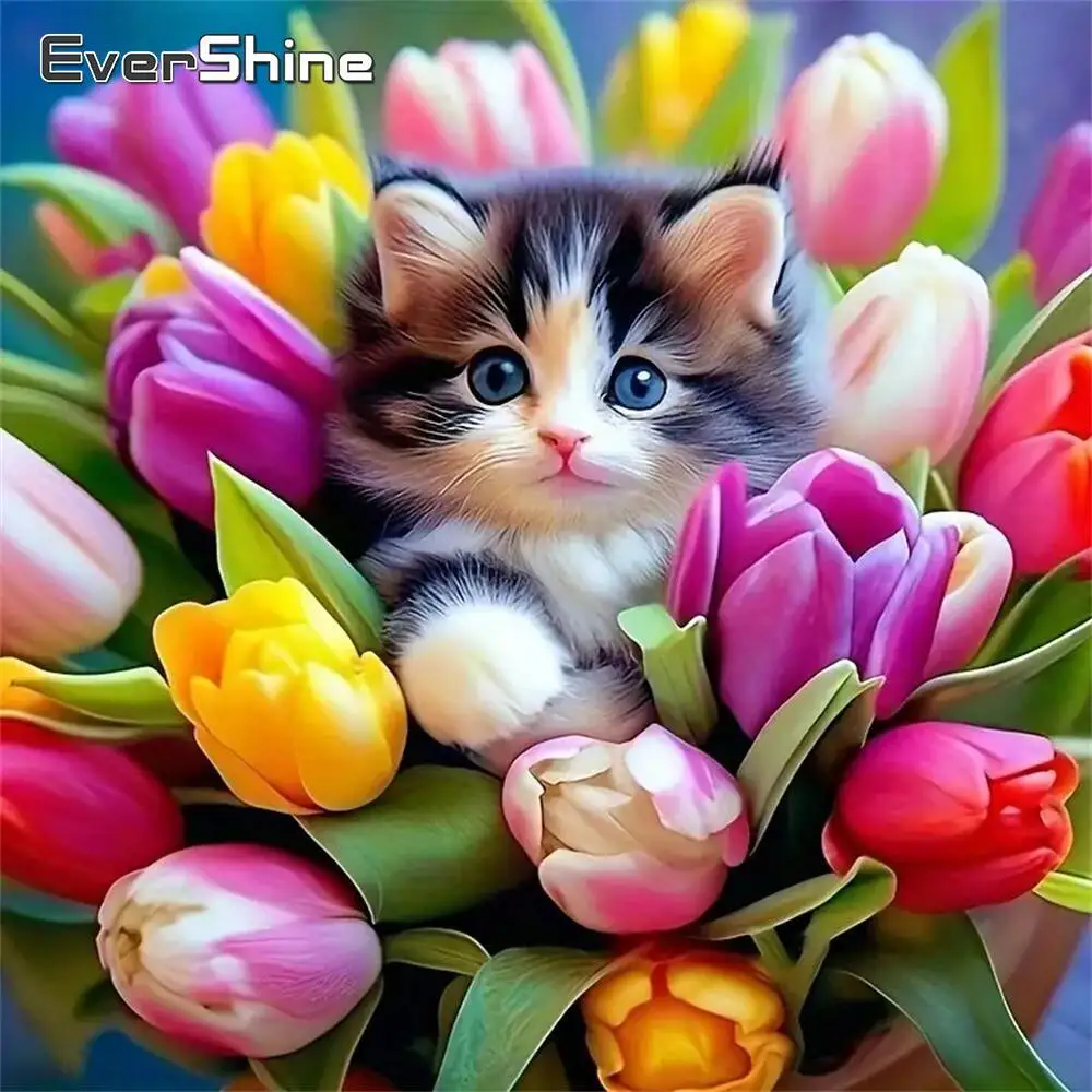 Evershine Katze Diamant Mosaik Tulpen Vollquadrat Rund DIY Bild Von Strass Diamant Malerei Tier Blume Kind Geschenk
