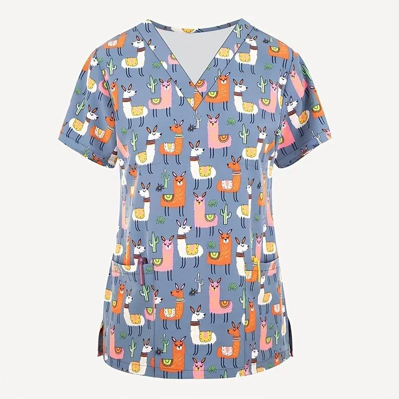Хирургическая униформа с животным принтом, женская летняя женская одежда, модные женские хирургические скрабы, хирургические шапочки с лацканами, женские повседневные топы