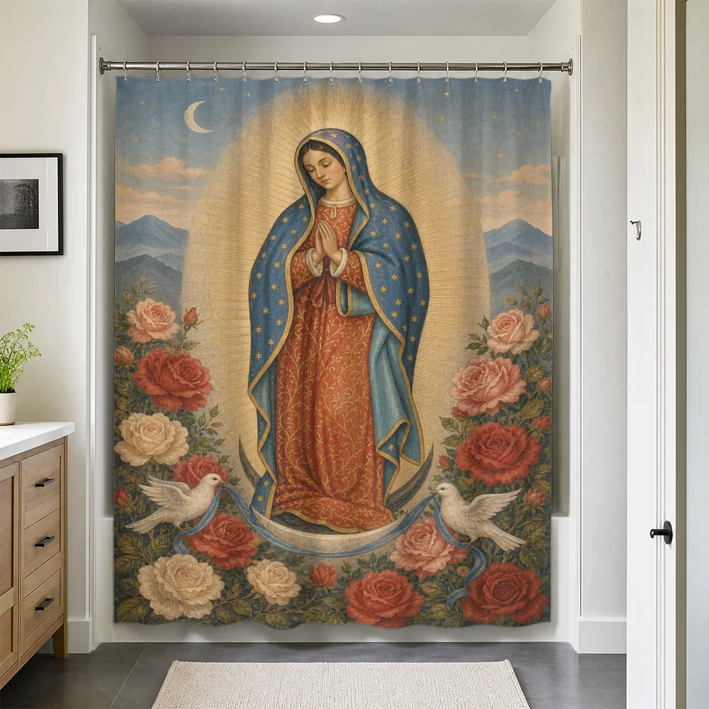 Luxurious Waterproof Shower Curtain Divine Virgin Mary Floral Rose Art Boho Chic Bathroom Decor Religious Wall Hanging Curtain